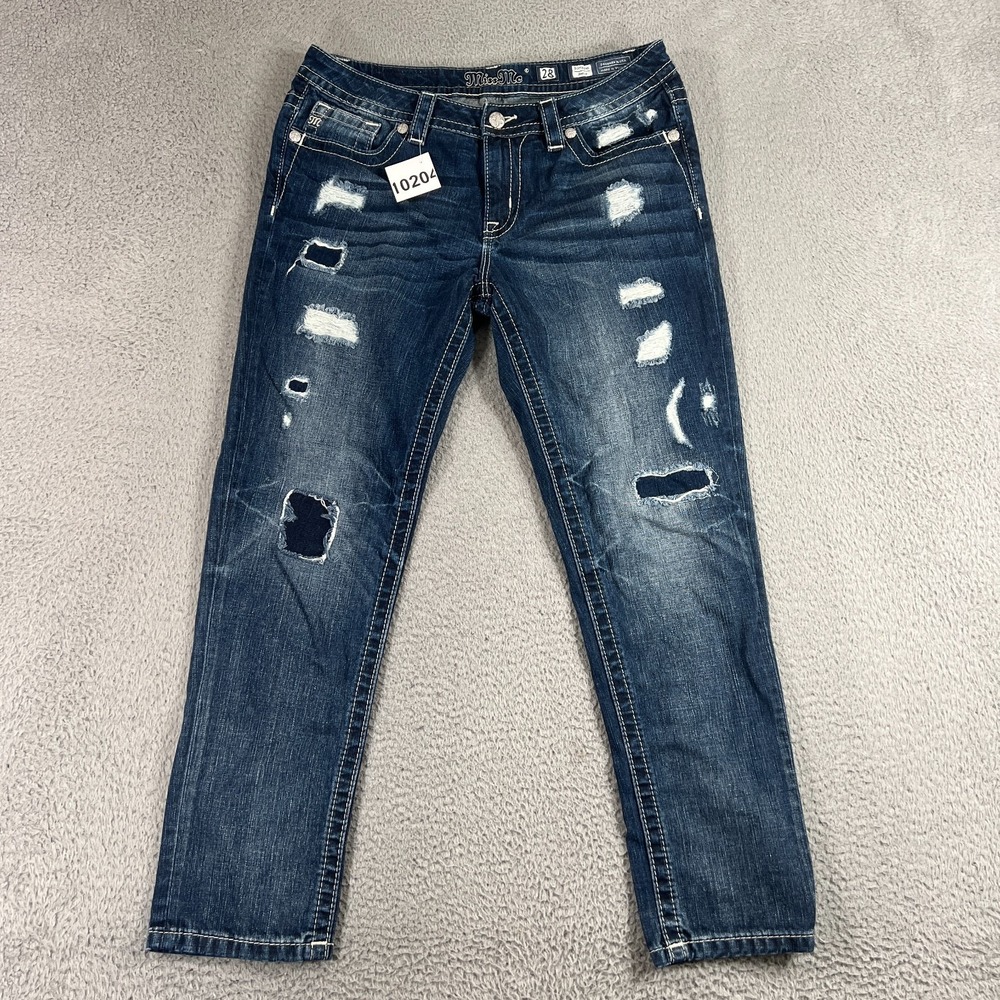 Miss Me Womens 28 Boyfriend Ankle Jeans Distressed Sequin Embellished